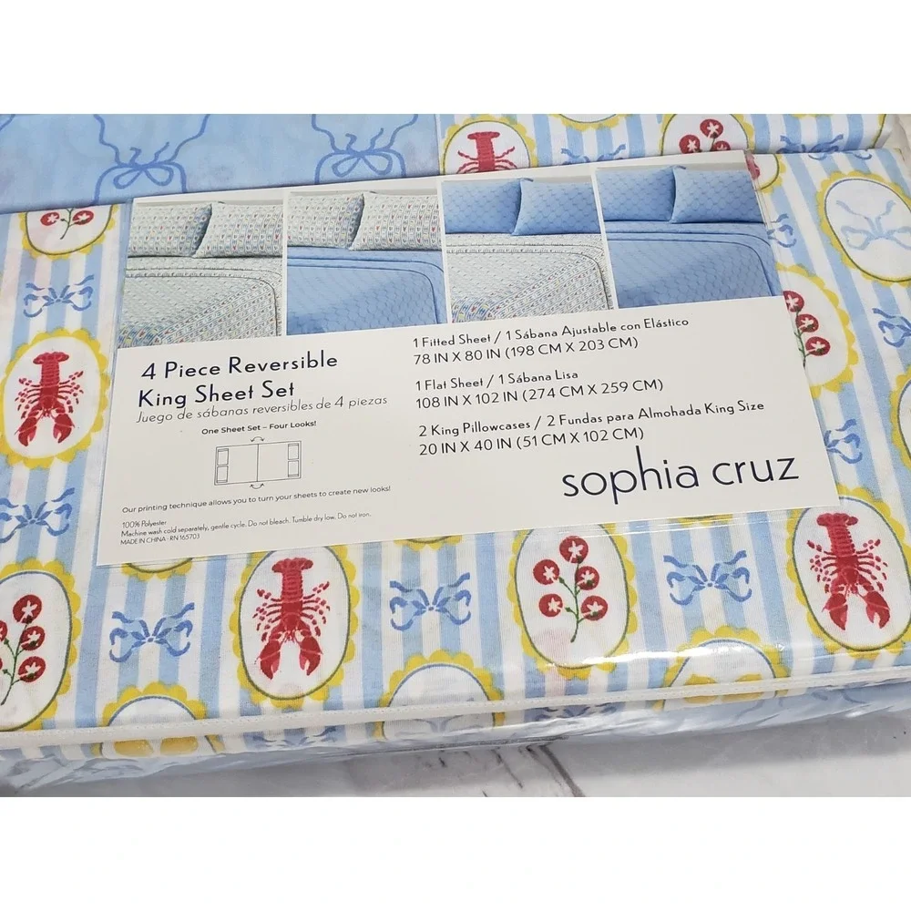 NEW 4 PIECE KING SIZE sheet set lobster ribbons fruit lemons nautical beach blue